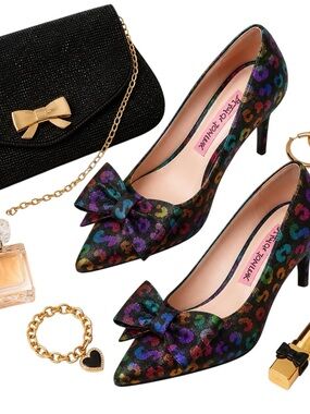 Betsey Johnson Maude Rainbow Leopard Bow Heels Womens 8.5 Statement Chic — NIB
